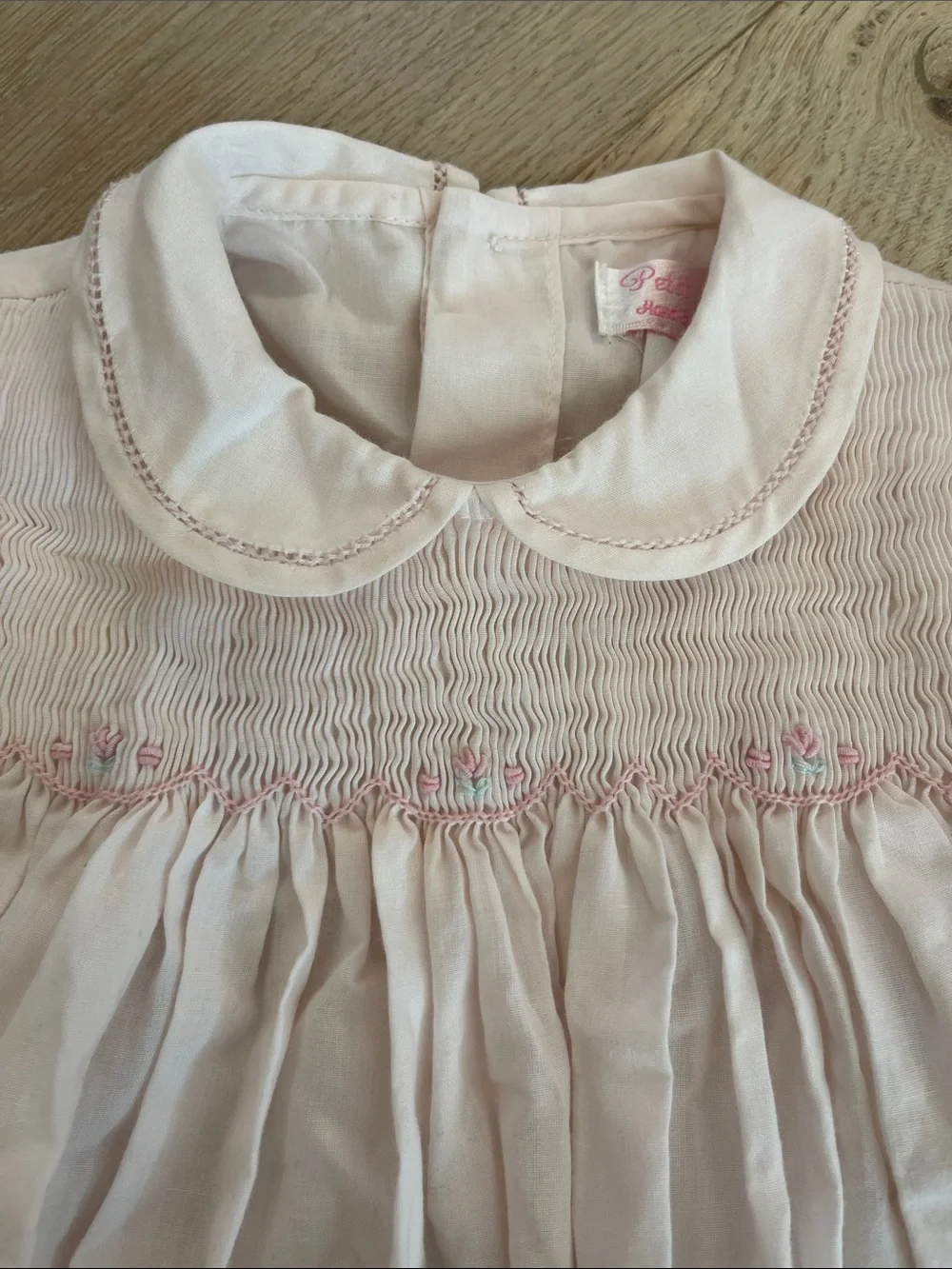 PETIT AMI hand embroidered Pale Pink Smocked Dress with Peter Pan Collar